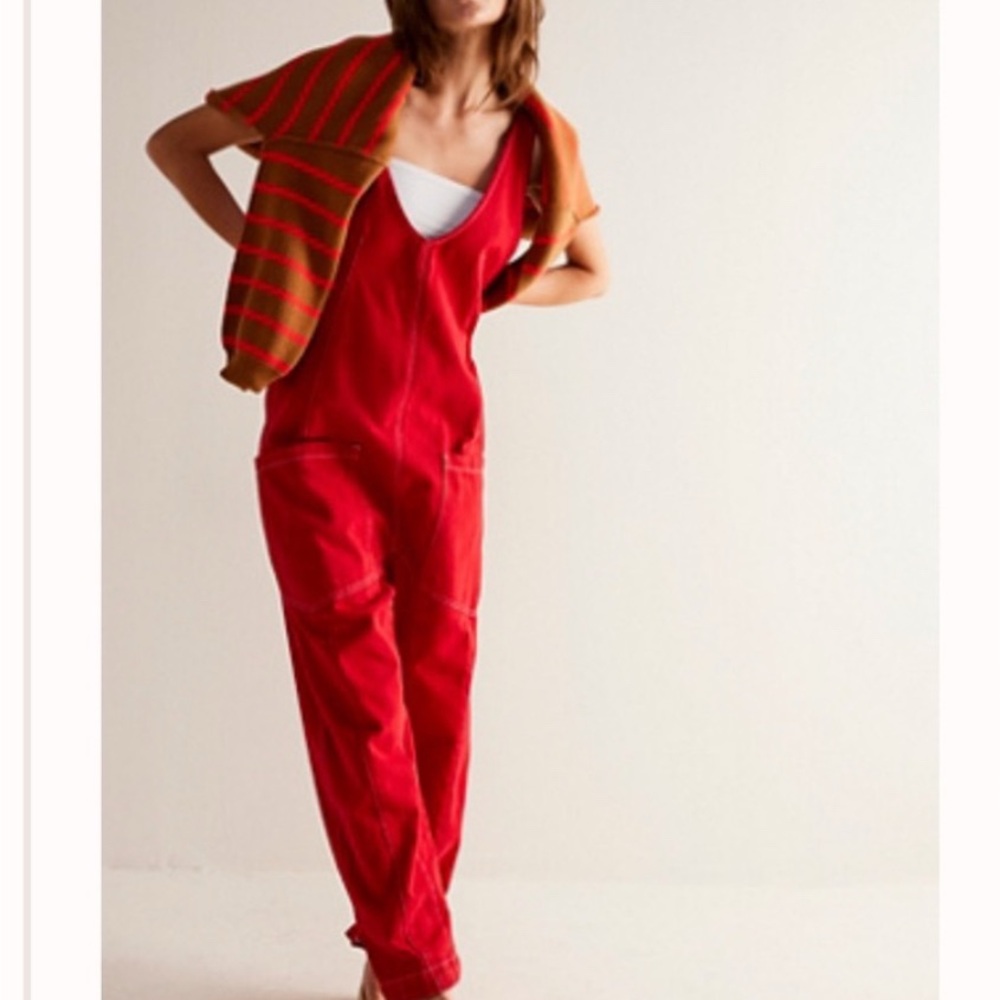 Free People We The Free High Roller Jumpsuit Overall Denim Red Small NWT
